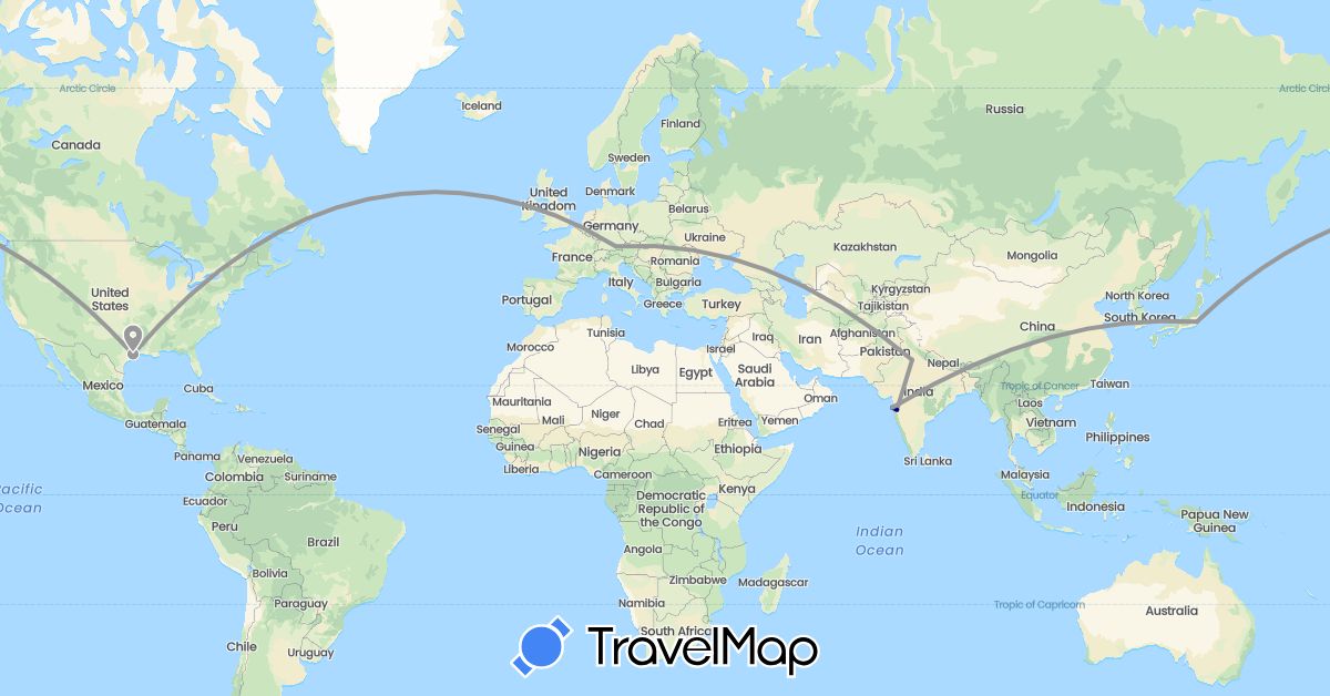 TravelMap itinerary: driving, plane in Germany, India, Japan, United States (Asia, Europe, North America)